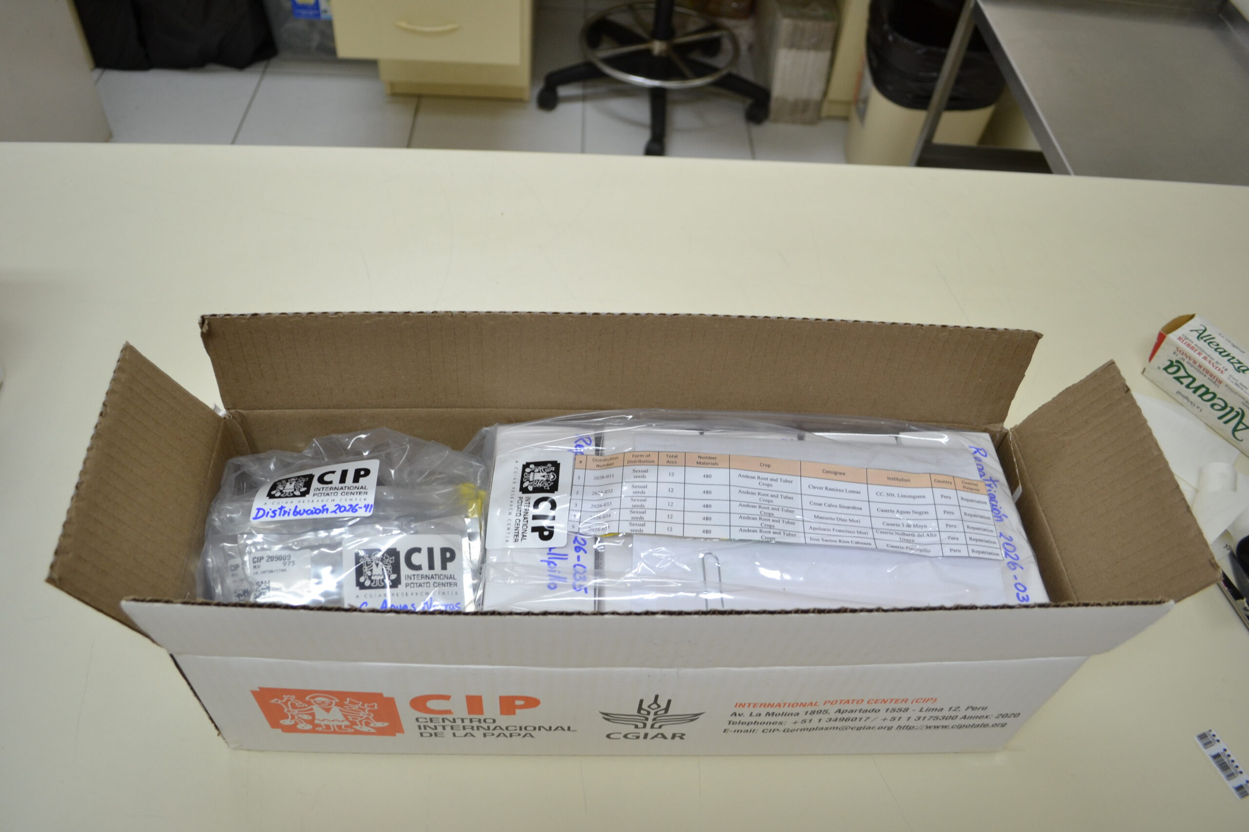 CIP shipment box containing seed materials